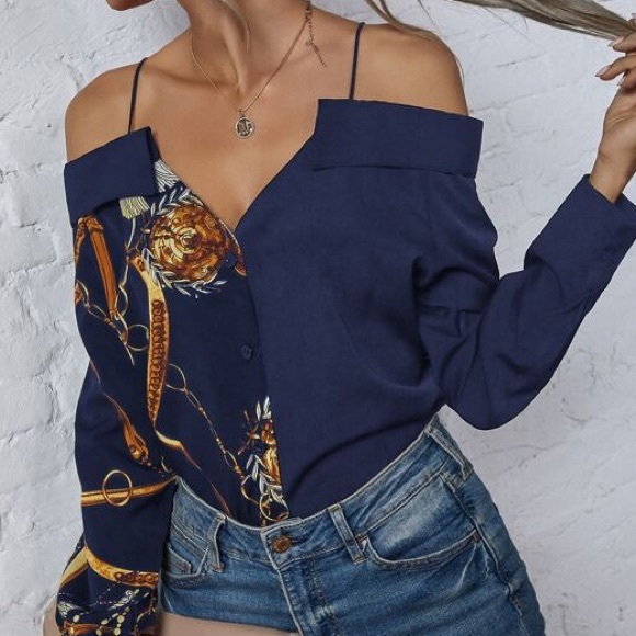 Off The Shoulder Navy Blouse - Picture 2 of 3